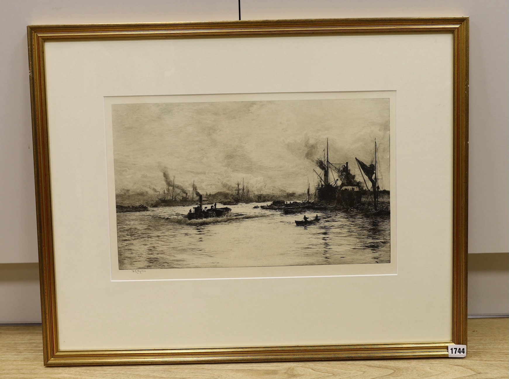 William Lionel Wyllie, etching, “Shipping on the Thames”, signed, 31.5 x 50cm